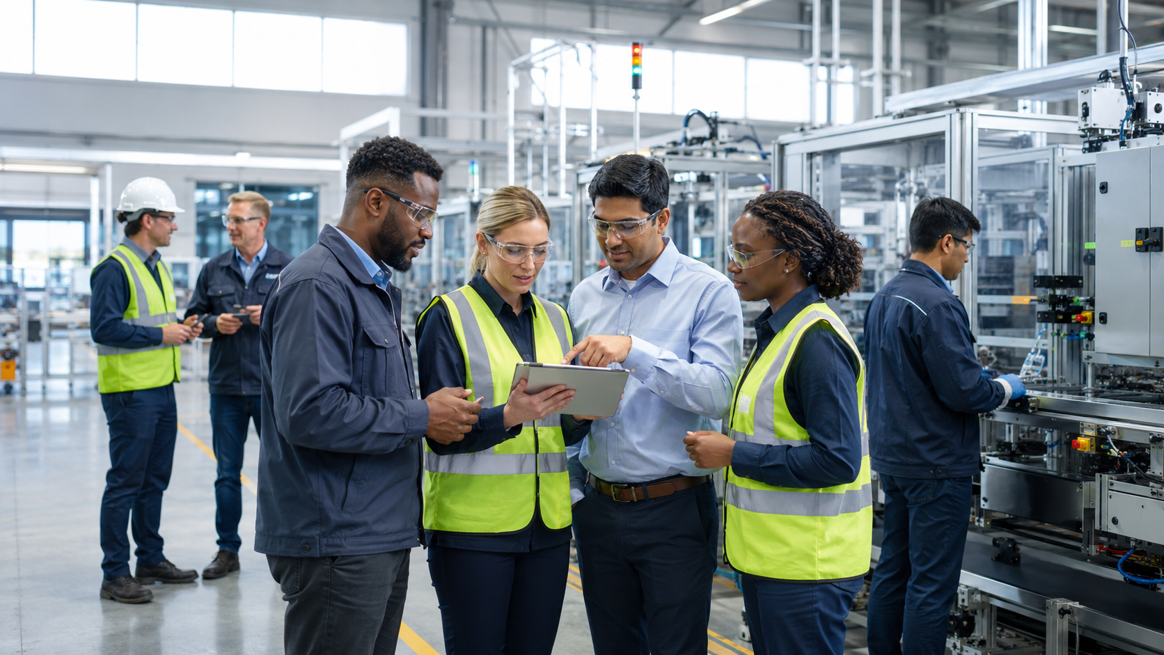 A diverse manufacturing team reviewing information together on the production floor