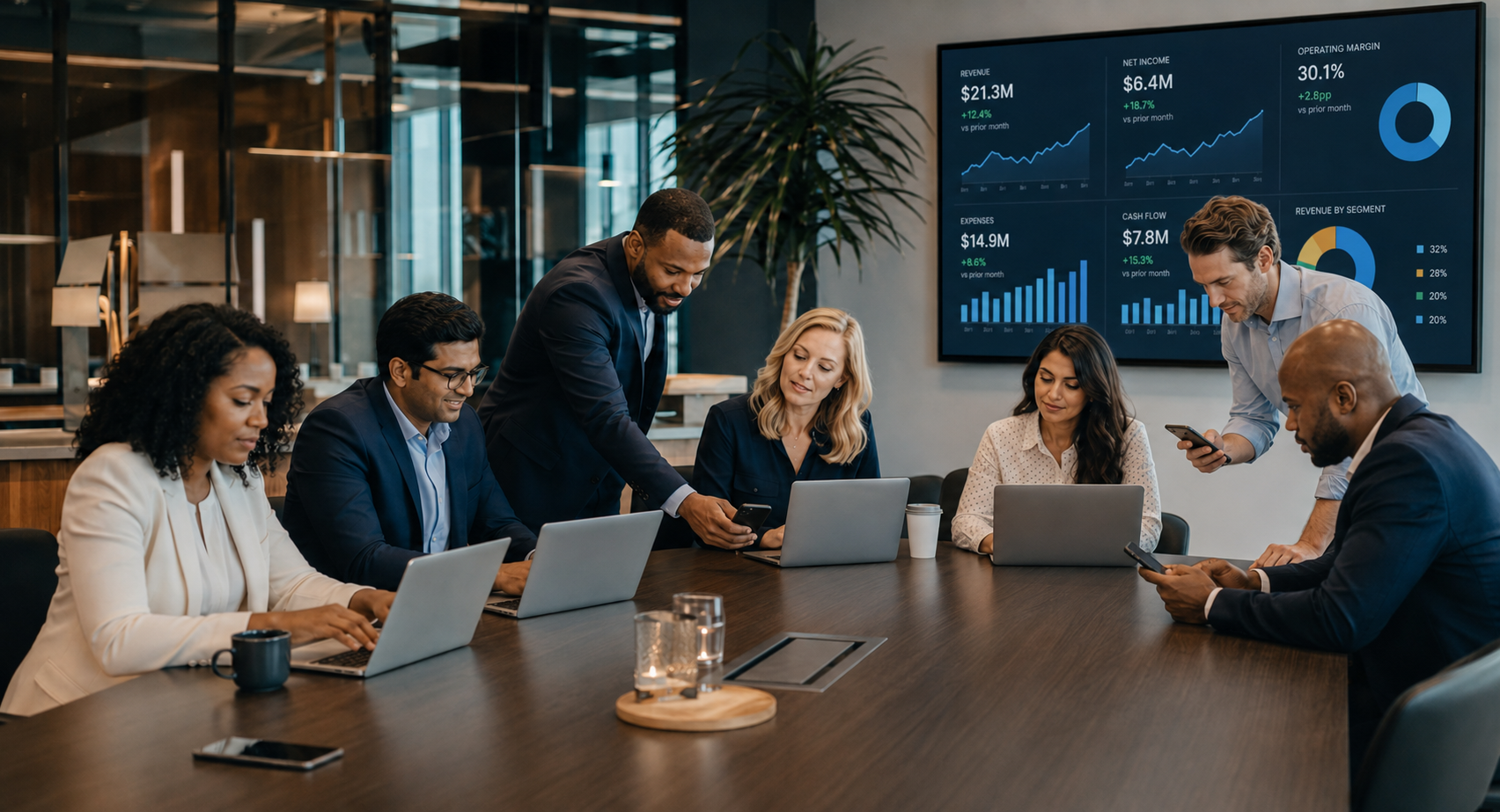 Professionals using laptops and phones with company financials displayed behind them