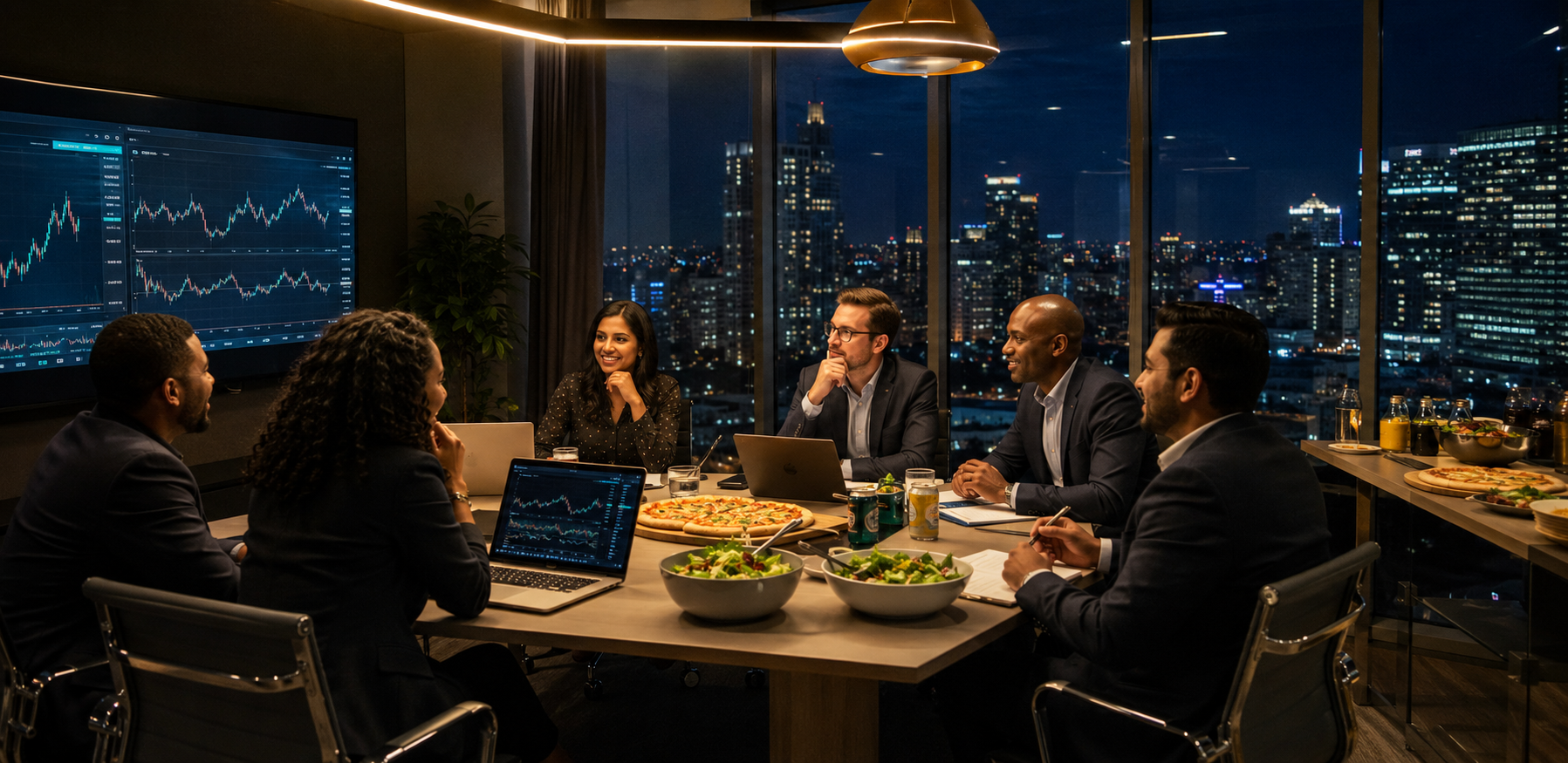 Employees reviewing market information together after work with pizza, salad and drinks
