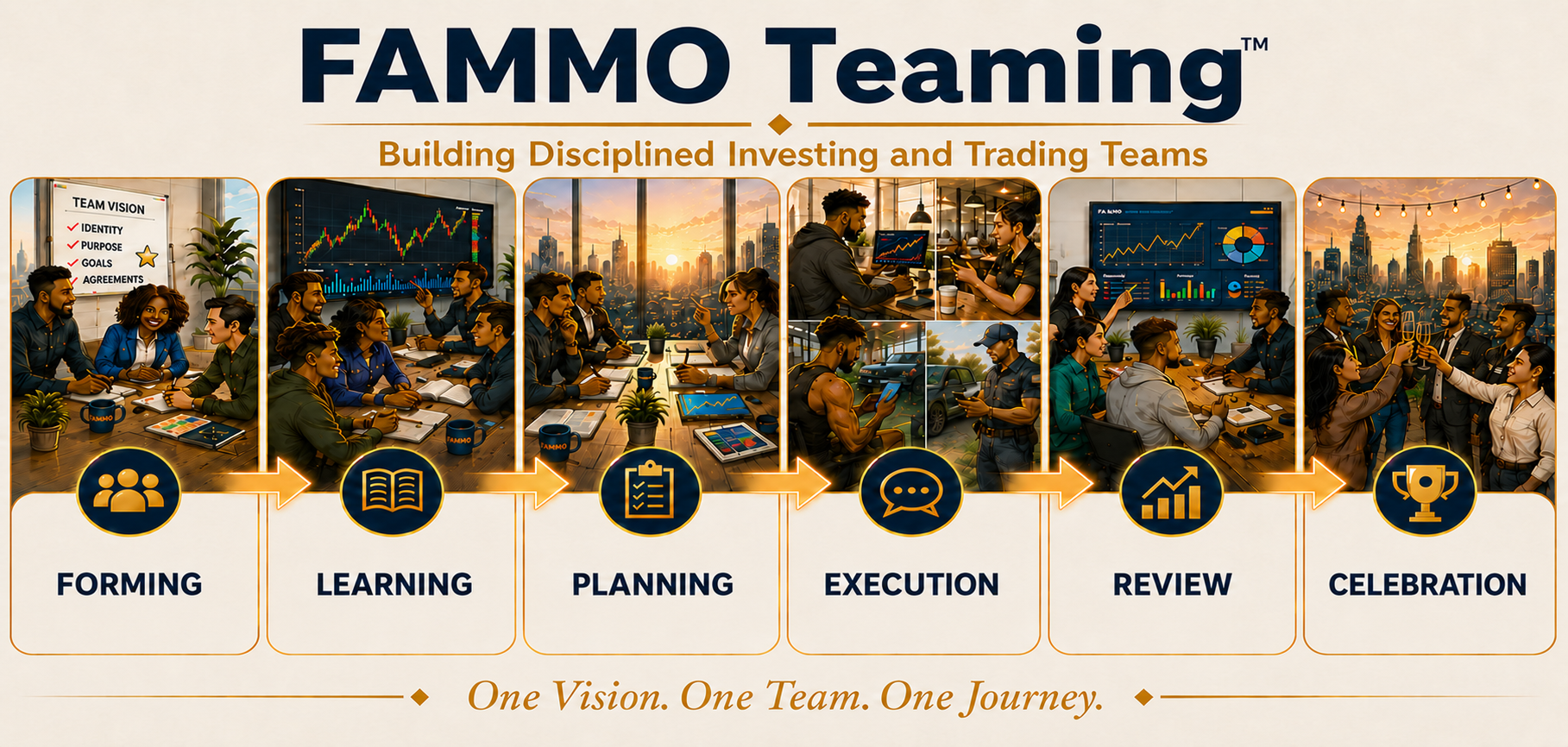 The six official FAMMO Teaming events: Forming, Learning, Planning, Execution, Review and Celebration